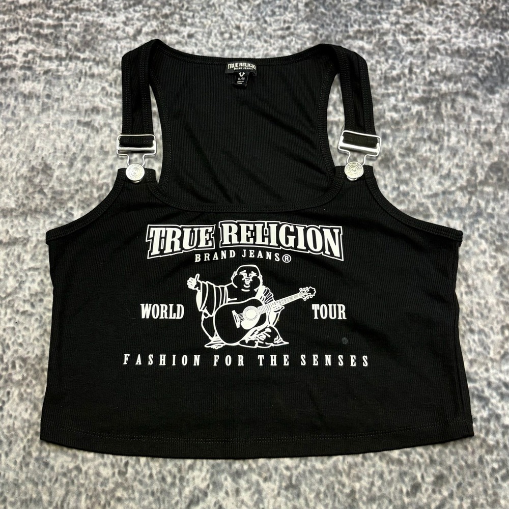 True Religion Buddha Overall Tank Top Womens XL Black Ribbed Cropped Y2K